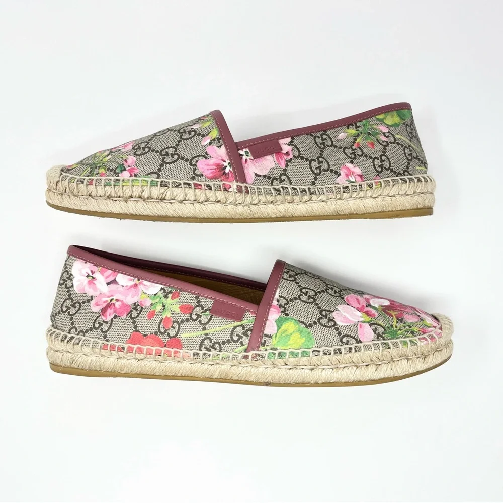 Gucci GG Double G Monogram Pink Bloom Floral Flat Espadrilles Shoes Tan 41 11